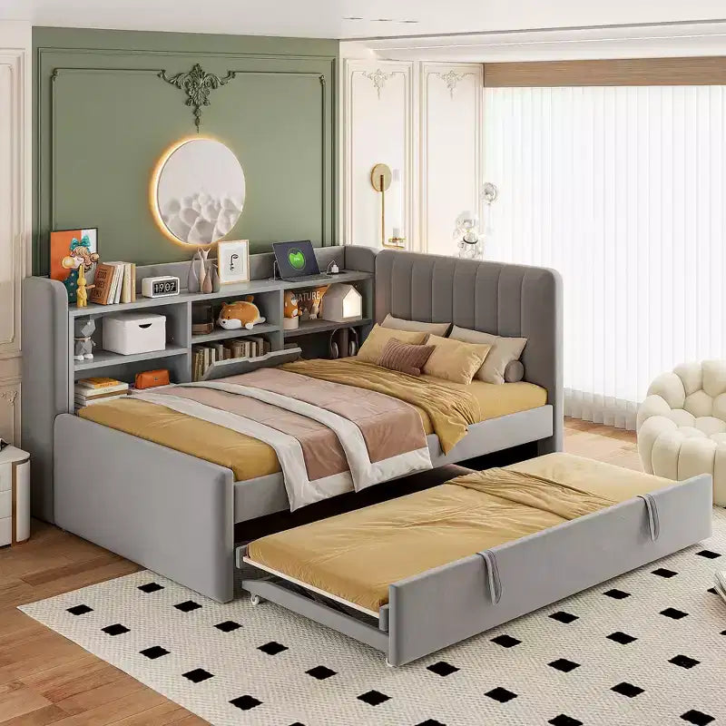 Twin Size L Shaped Platform Bed with Trundle, Wood Upholstered Corner Bed Frame with Storage Shelves, USB & Outlet