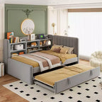 Twin Size L Shaped Platform Bed with Trundle, Wood Upholstered Corner Bed Frame with Storage Shelves, USB & Outlet