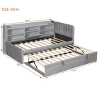 Twin Size L Shaped Platform Bed with Trundle, Wood Upholstered Corner Bed Frame with Storage Shelves, USB & Outlet