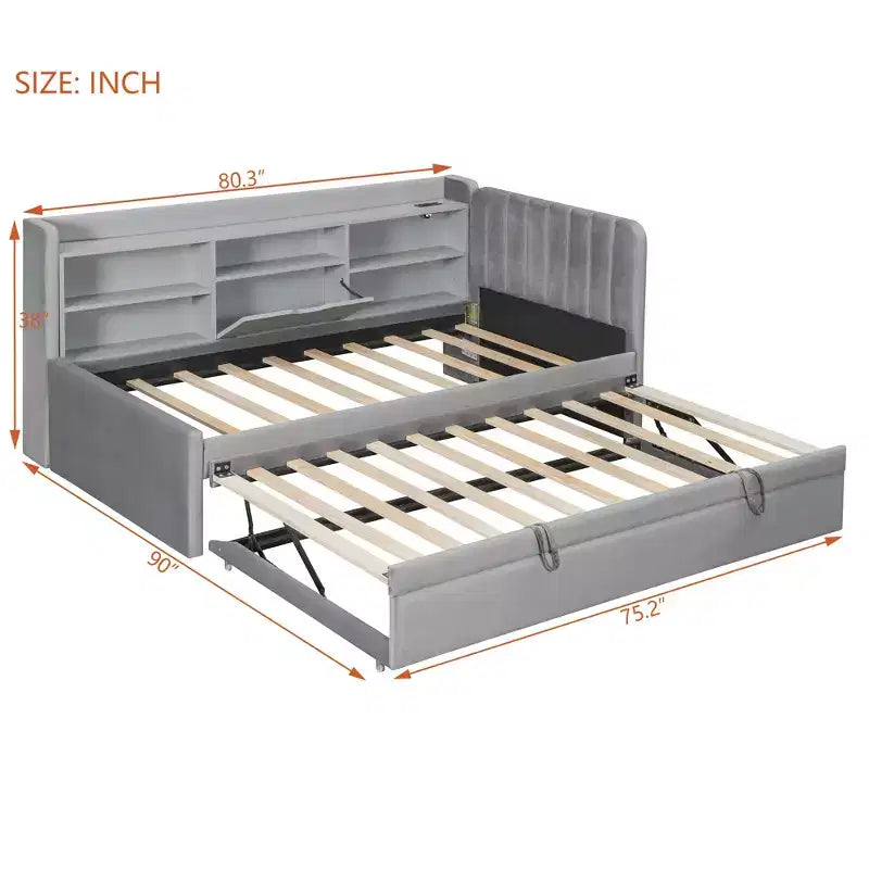 Twin Size L Shaped Platform Bed with Trundle, Wood Upholstered Corner Bed Frame with Storage Shelves, USB & Outlet