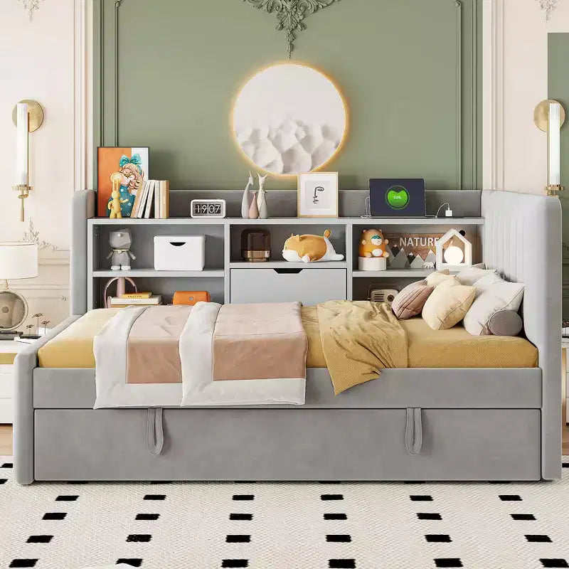 Twin Size L Shaped Platform Bed with Trundle, Wood Upholstered Corner Bed Frame with Storage Shelves, USB & Outlet