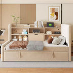 Twin Size L Shaped Platform Bed with Trundle, Wood Upholstered Corner Bed Frame with Storage Shelves, USB & Outlet