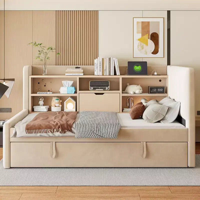 Twin Size L Shaped Platform Bed with Trundle, Wood Upholstered Corner Bed Frame with Storage Shelves, USB & Outlet