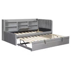 Twin Size L Shaped Platform Bed with Trundle, Wood Upholstered Corner Bed Frame with Storage Shelves, USB & Outlet