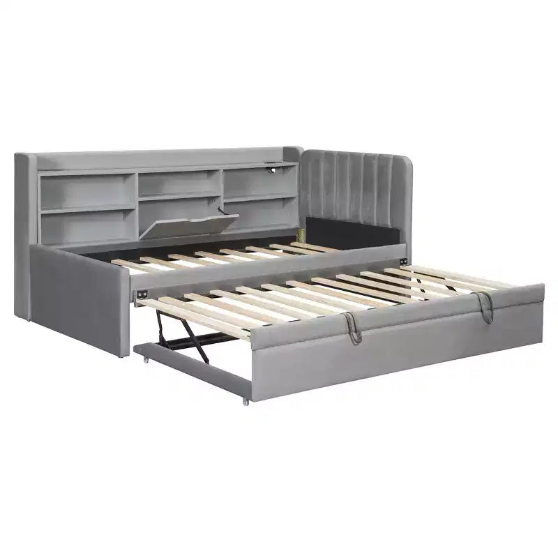 Twin Size L Shaped Platform Bed with Trundle, Wood Upholstered Corner Bed Frame with Storage Shelves, USB & Outlet