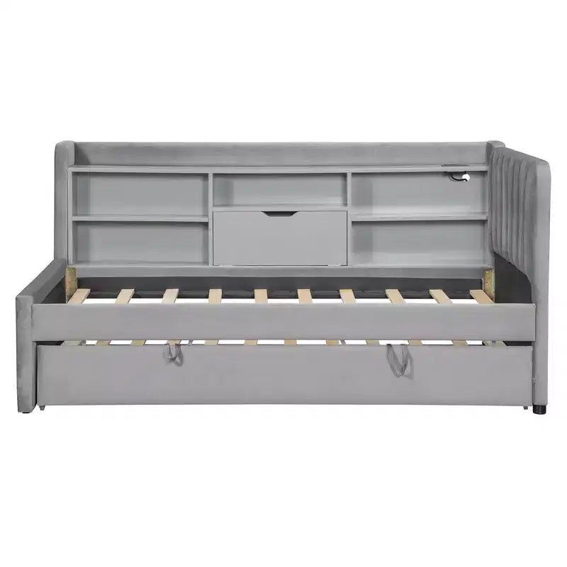 Twin Size L Shaped Platform Bed with Trundle, Wood Upholstered Corner Bed Frame with Storage Shelves, USB & Outlet