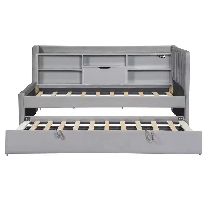 Twin Size L Shaped Platform Bed with Trundle, Wood Upholstered Corner Bed Frame with Storage Shelves, USB & Outlet