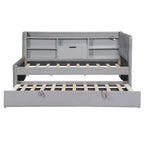 Twin Size L Shaped Platform Bed with Trundle, Wood Upholstered Corner Bed Frame with Storage Shelves, USB & Outlet