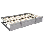 Twin Size L Shaped Platform Bed with Trundle, Wood Upholstered Corner Bed Frame with Storage Shelves, USB & Outlet