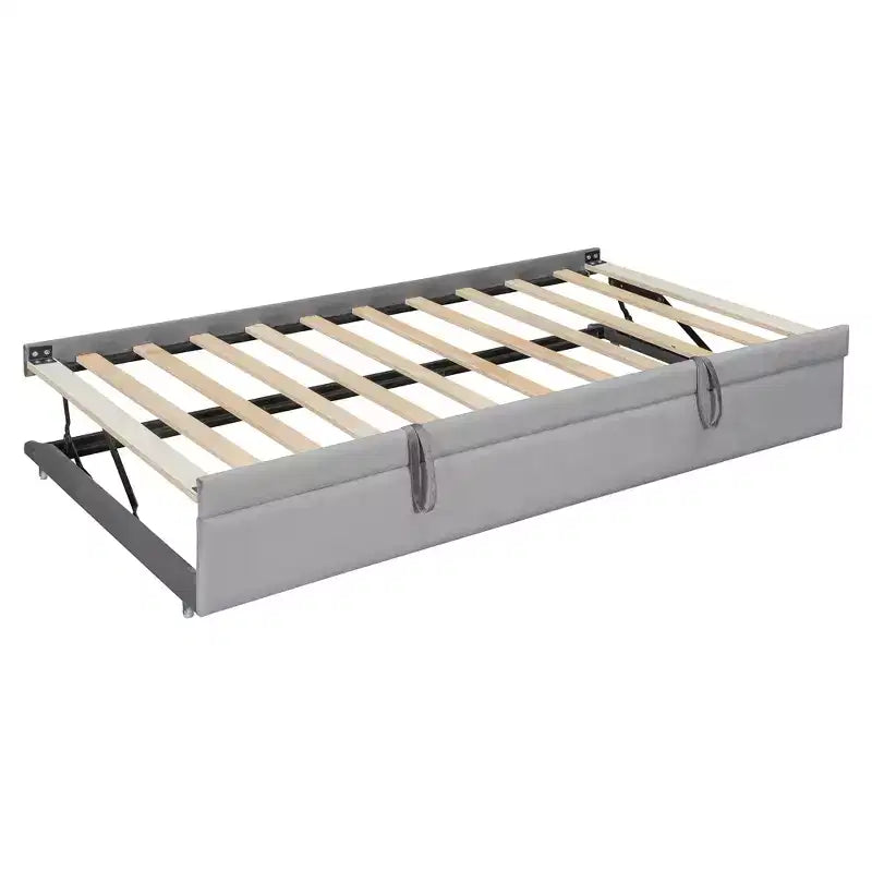Twin Size L Shaped Platform Bed with Trundle, Wood Upholstered Corner Bed Frame with Storage Shelves, USB & Outlet