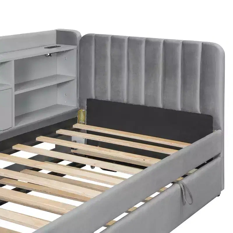 Twin Size L Shaped Platform Bed with Trundle, Wood Upholstered Corner Bed Frame with Storage Shelves, USB & Outlet