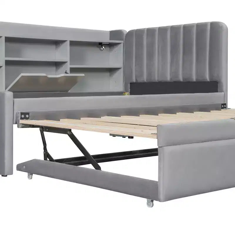 Twin Size L Shaped Platform Bed with Trundle, Wood Upholstered Corner Bed Frame with Storage Shelves, USB & Outlet