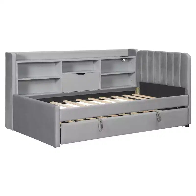 Twin Size L Shaped Platform Bed with Trundle, Wood Upholstered Corner Bed Frame with Storage Shelves, USB & Outlet