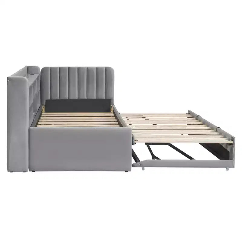 Twin Size L Shaped Platform Bed with Trundle, Wood Upholstered Corner Bed Frame with Storage Shelves, USB & Outlet