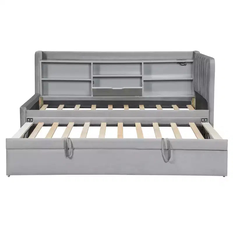 Twin Size L Shaped Platform Bed with Trundle, Wood Upholstered Corner Bed Frame with Storage Shelves, USB & Outlet