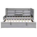 Twin Size L Shaped Platform Bed with Trundle, Wood Upholstered Corner Bed Frame with Storage Shelves, USB & Outlet