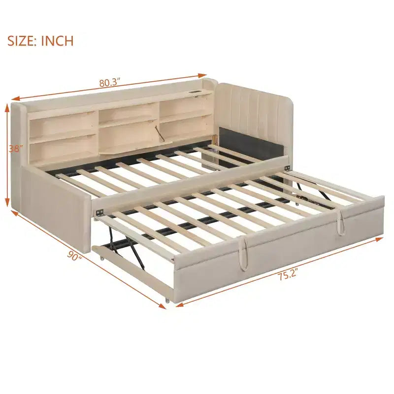 Twin Size L Shaped Platform Bed with Trundle, Wood Upholstered Corner Bed Frame with Storage Shelves, USB & Outlet