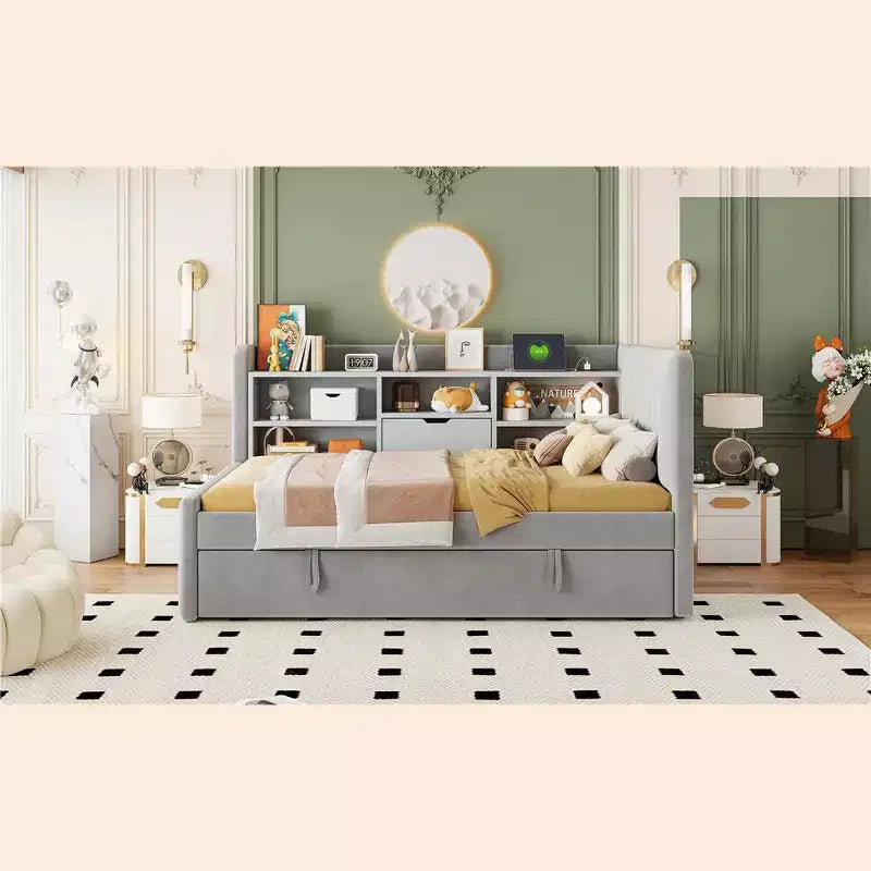 Twin Size L Shaped Platform Bed with Trundle, Wood Upholstered Corner Bed Frame with Storage Shelves, USB & Outlet