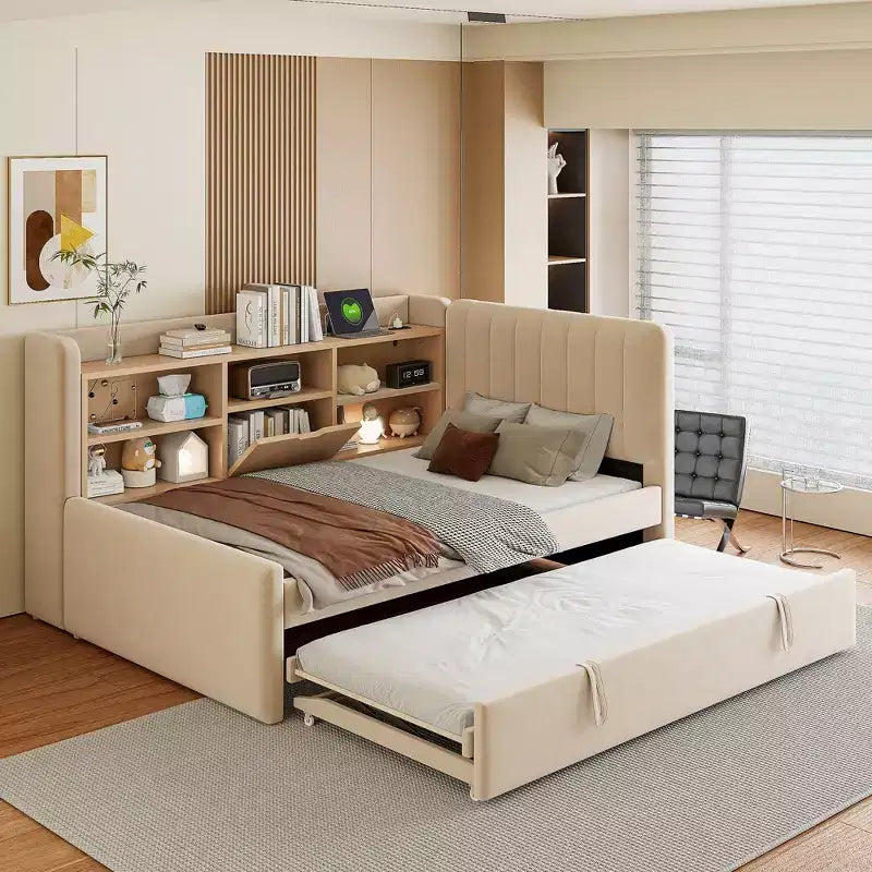 Twin Size L Shaped Platform Bed with Trundle, Wood Upholstered Corner Bed Frame with Storage Shelves, USB & Outlet