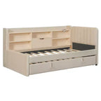 Twin Size L Shaped Platform Bed with Trundle, Wood Upholstered Corner Bed Frame with Storage Shelves, USB & Outlet