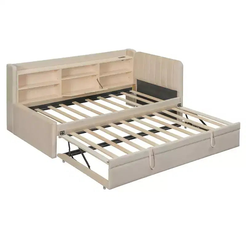 Twin Size L Shaped Platform Bed with Trundle, Wood Upholstered Corner Bed Frame with Storage Shelves, USB & Outlet