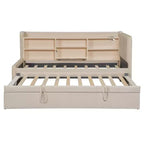 Twin Size L Shaped Platform Bed with Trundle, Wood Upholstered Corner Bed Frame with Storage Shelves, USB & Outlet