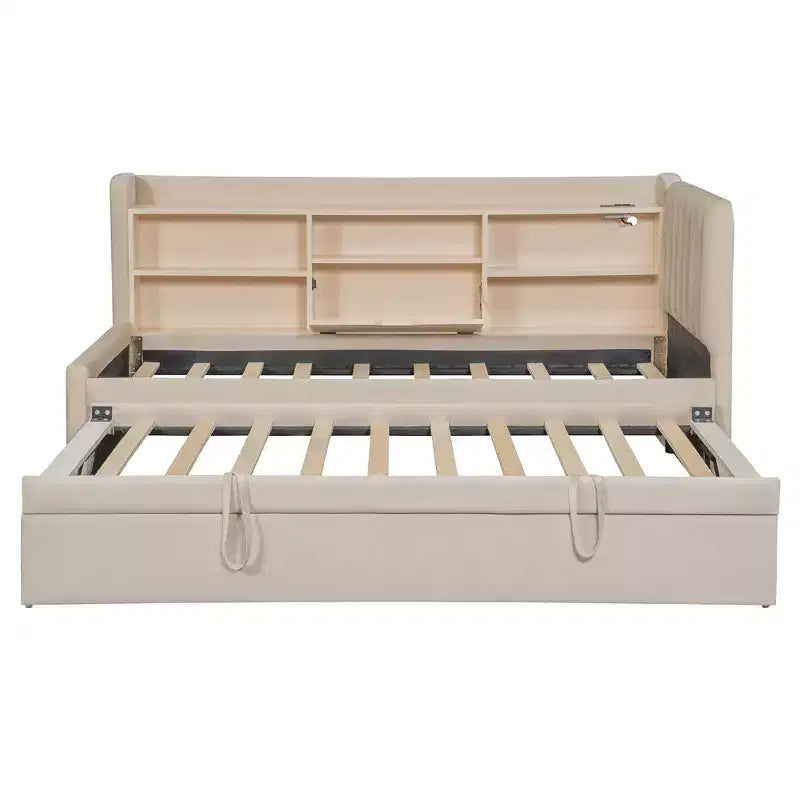 Twin Size L Shaped Platform Bed with Trundle, Wood Upholstered Corner Bed Frame with Storage Shelves, USB & Outlet