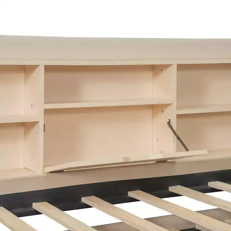 Twin Size L Shaped Platform Bed with Trundle, Wood Upholstered Corner Bed Frame with Storage Shelves, USB & Outlet