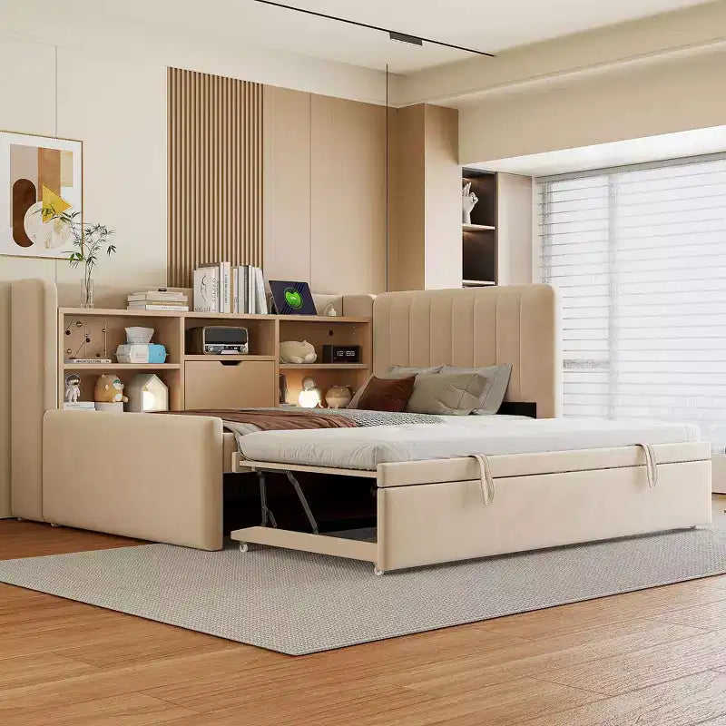 Twin Size L Shaped Platform Bed with Trundle, Wood Upholstered Corner Bed Frame with Storage Shelves, USB & Outlet