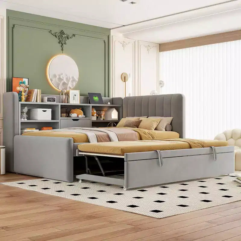 Twin Size L Shaped Platform Bed with Trundle, Wood Upholstered Corner Bed Frame with Storage Shelves, USB & Outlet