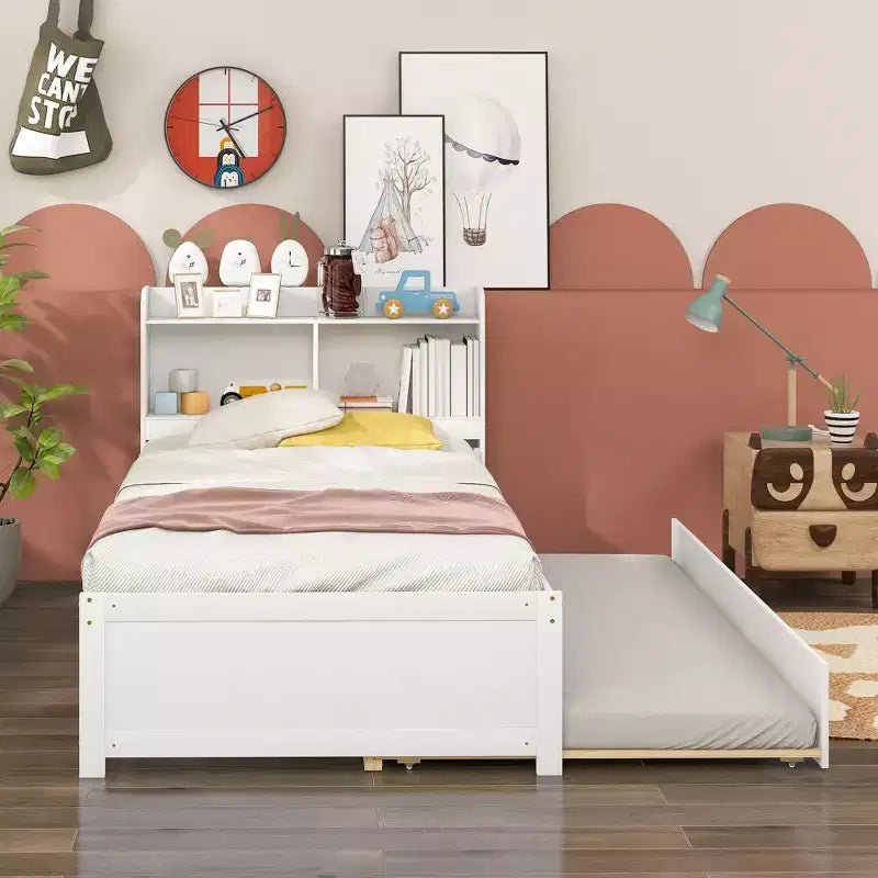 MAYEERTY Twin Platform Bed with Storage Headboard Pull Out Trundle Sturdy Pine Wood Bed for Living Room White