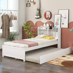 MAYEERTY Twin Platform Bed with Storage Headboard Pull Out Trundle Sturdy Pine Wood Bed for Living Room White