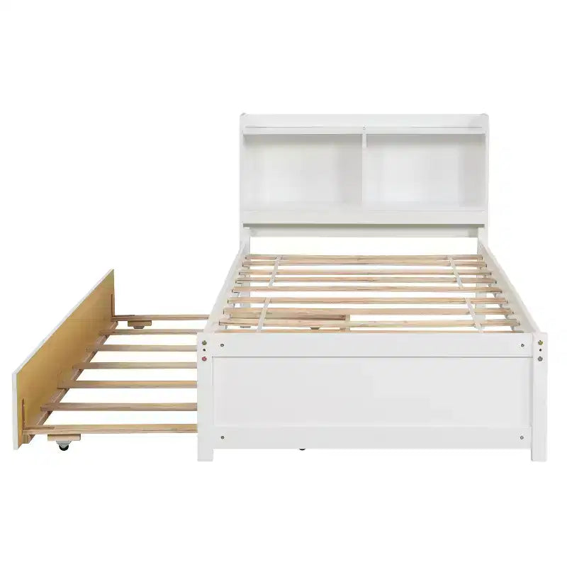 MAYEERTY Twin Platform Bed with Storage Headboard Pull Out Trundle Sturdy Pine Wood Bed for Living Room White