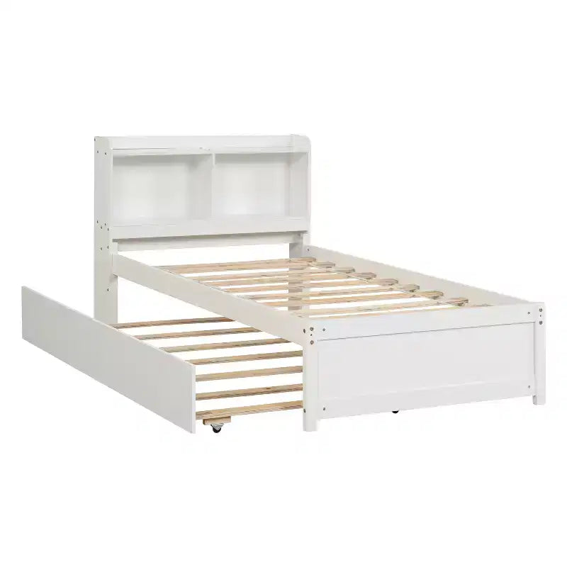 MAYEERTY Twin Platform Bed with Storage Headboard Pull Out Trundle Sturdy Pine Wood Bed for Living Room White