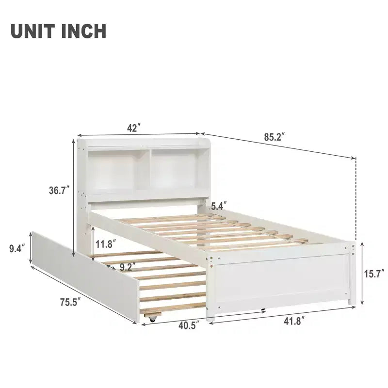 MAYEERTY Twin Platform Bed with Storage Headboard Pull Out Trundle Sturdy Pine Wood Bed for Living Room White