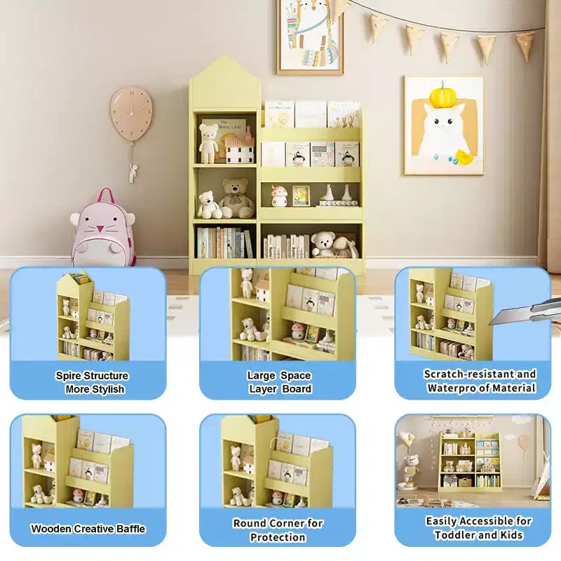Whisen Kids Wooden Bookshelf Toy Storage Organizer with Bookcase, 6 Compartments & 2 Baskets Bins