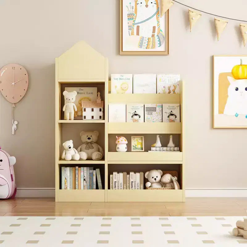 Whisen Kids Wooden Bookshelf Toy Storage Organizer with Bookcase, 6 Compartments & 2 Baskets Bins