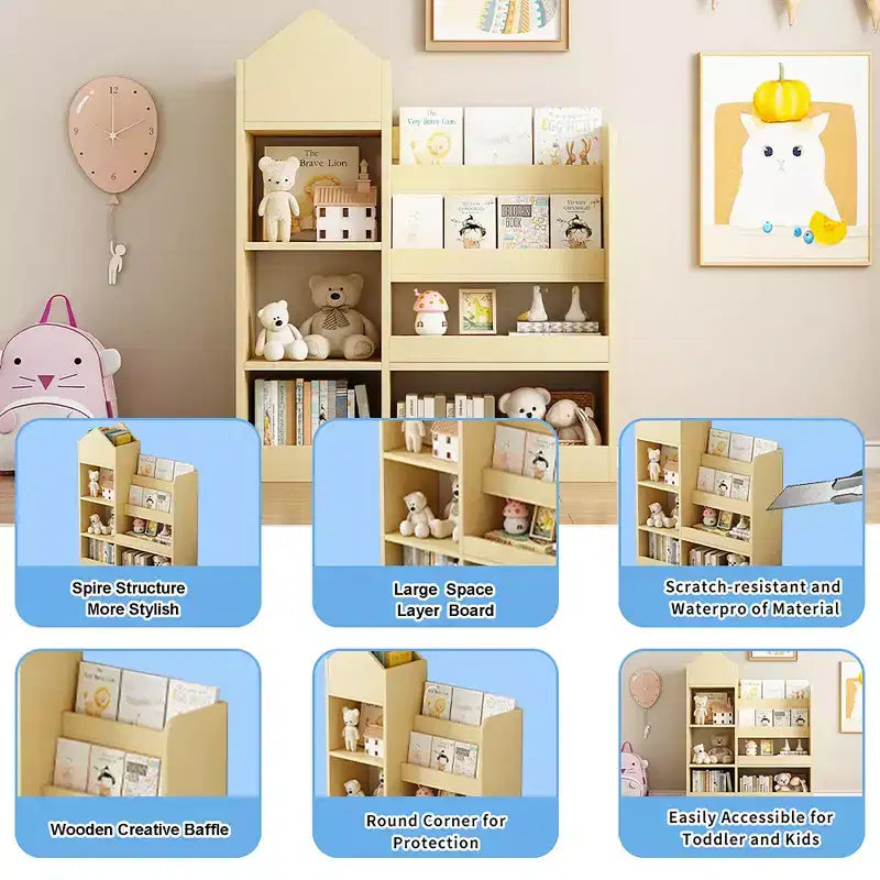 Whisen Kids Wooden Bookshelf Toy Storage Organizer with Bookcase, 6 Compartments & 2 Baskets Bins