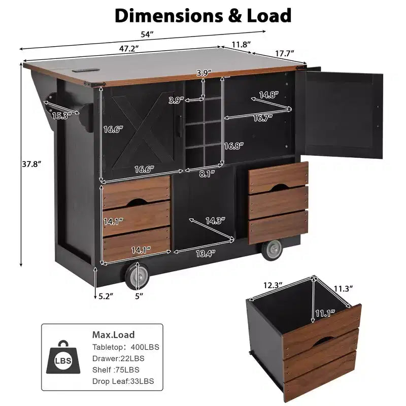 Whisen 54 Kitchen Island & Kitchen Storage Cart with Drop Leaf, 2 Doors, 2 Drawers, Spice Rack