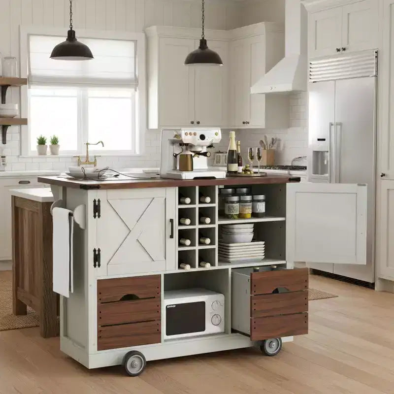 Whisen 54 Kitchen Island & Kitchen Storage Cart with Drop Leaf, 2 Doors, 2 Drawers, Spice Rack
