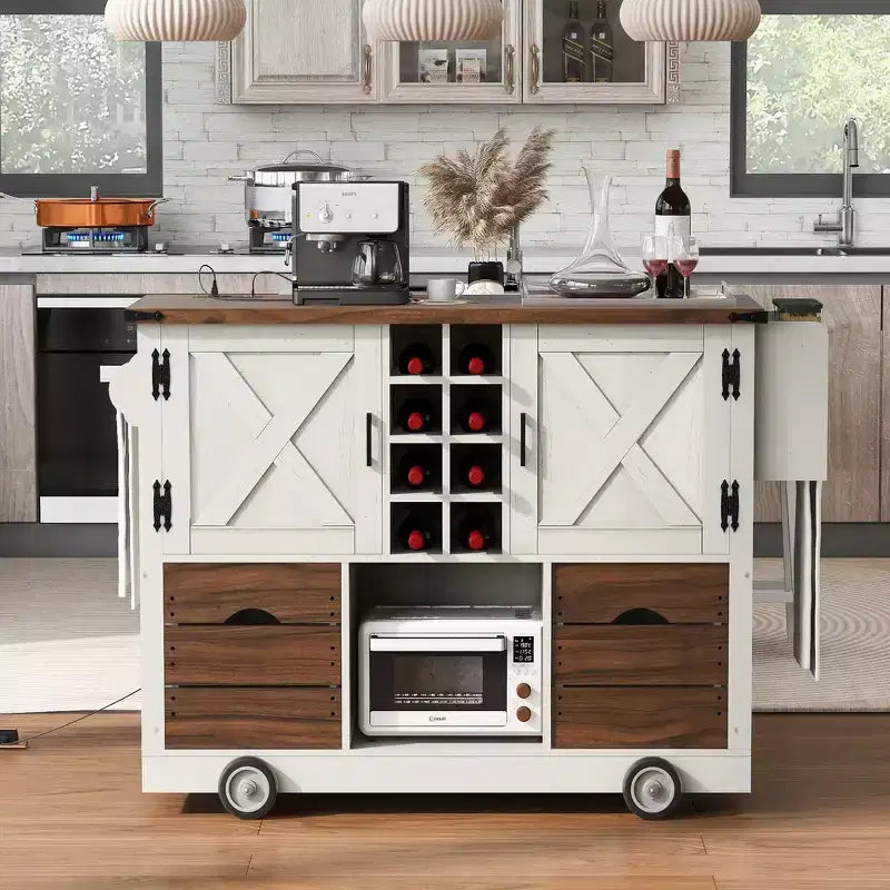 Whisen 54 Kitchen Island & Kitchen Storage Cart with Drop Leaf, 2 Doors, 2 Drawers, Spice Rack