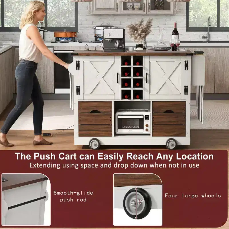 Whisen 54 Kitchen Island & Kitchen Storage Cart with Drop Leaf, 2 Doors, 2 Drawers, Spice Rack