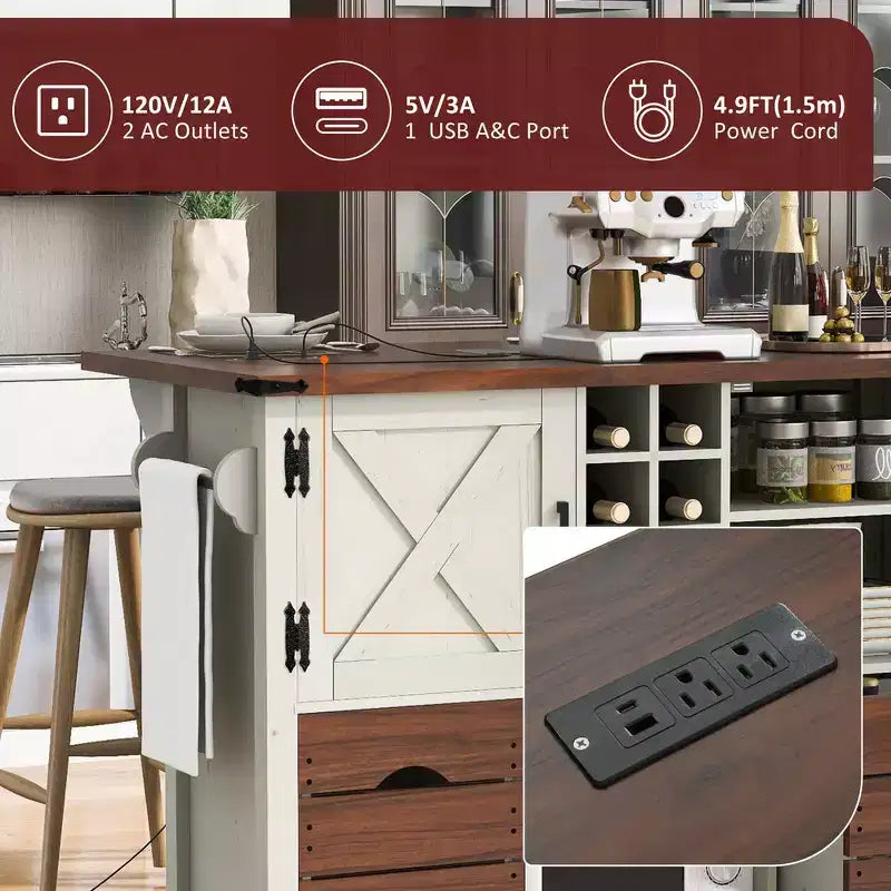 Whisen 54 Kitchen Island & Kitchen Storage Cart with Drop Leaf, 2 Doors, 2 Drawers, Spice Rack