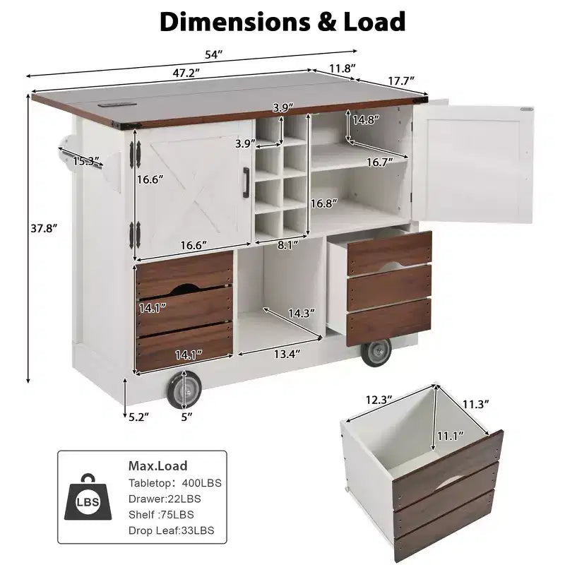 Whisen 54 Kitchen Island & Kitchen Storage Cart with Drop Leaf, 2 Doors, 2 Drawers, Spice Rack