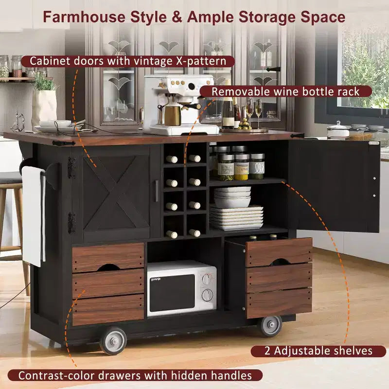 Whisen 54 Kitchen Island & Kitchen Storage Cart with Drop Leaf, 2 Doors, 2 Drawers, Spice Rack