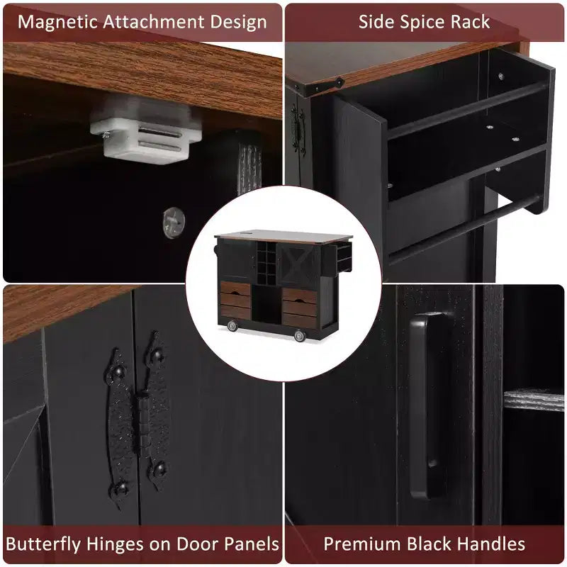 Whisen 54 Kitchen Island & Kitchen Storage Cart with Drop Leaf, 2 Doors, 2 Drawers, Spice Rack