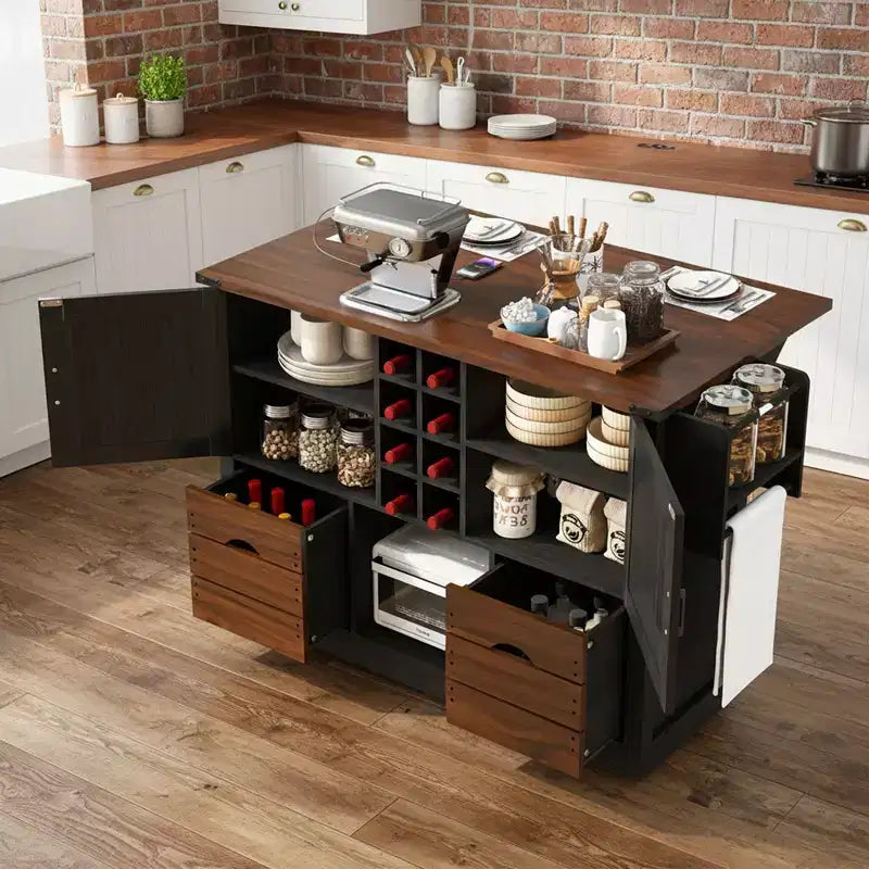 Whisen 54 Kitchen Island & Kitchen Storage Cart with Drop Leaf, 2 Doors, 2 Drawers, Spice Rack