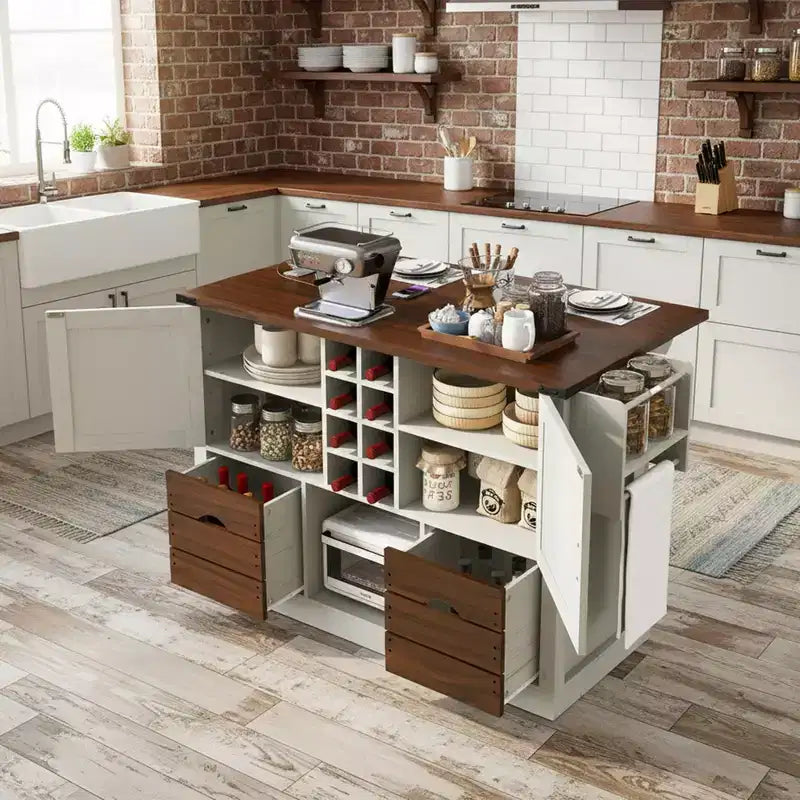 Whisen 54 Kitchen Island & Kitchen Storage Cart with Drop Leaf, 2 Doors, 2 Drawers, Spice Rack