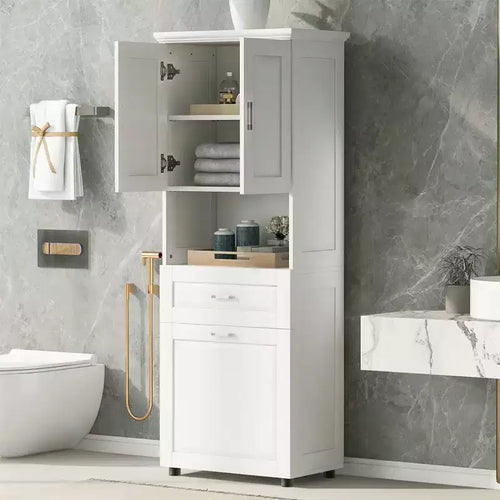 Tall Bathroom Storage Cabinet, Toilet Paper Towels Storage Cabinet, Free Standing Bathroom Organizer, With Tilting Laundry Basket