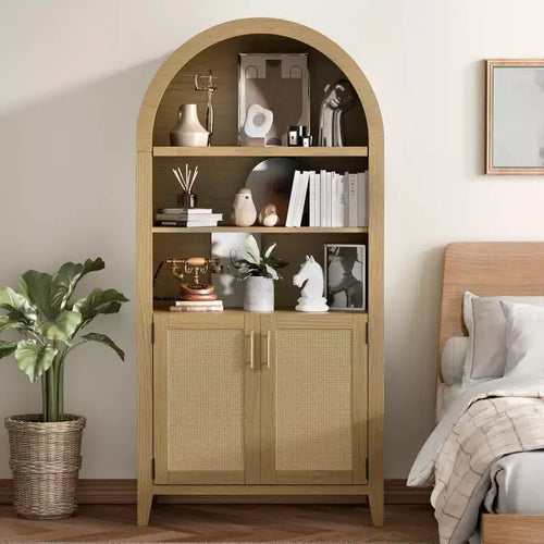 MAYEERTY 63 Tall Arched Storage Cabinet with Beech Wood Door 5 Tier Bookcase for Living Room Dining Room Beige